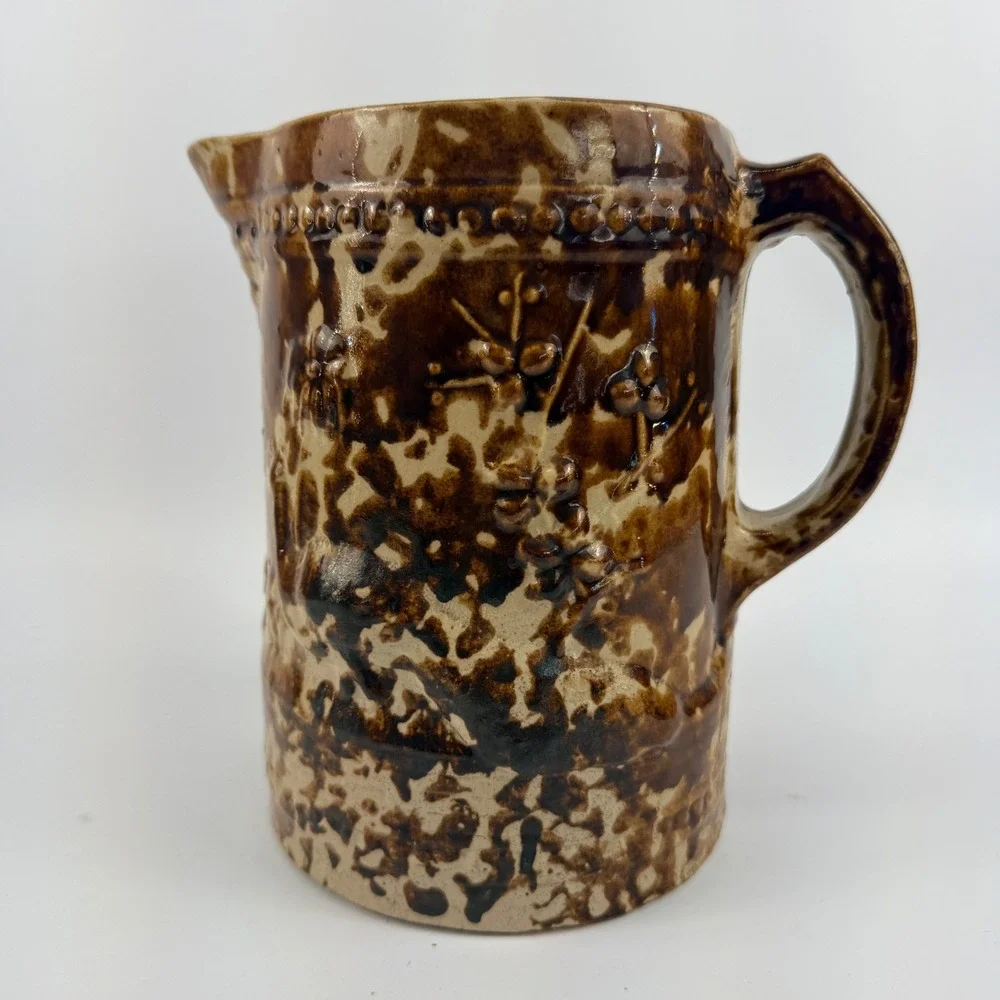 Rockingham Glazed Yellowware Relief Floral Pitcher Brown Spongeware Antique‎
